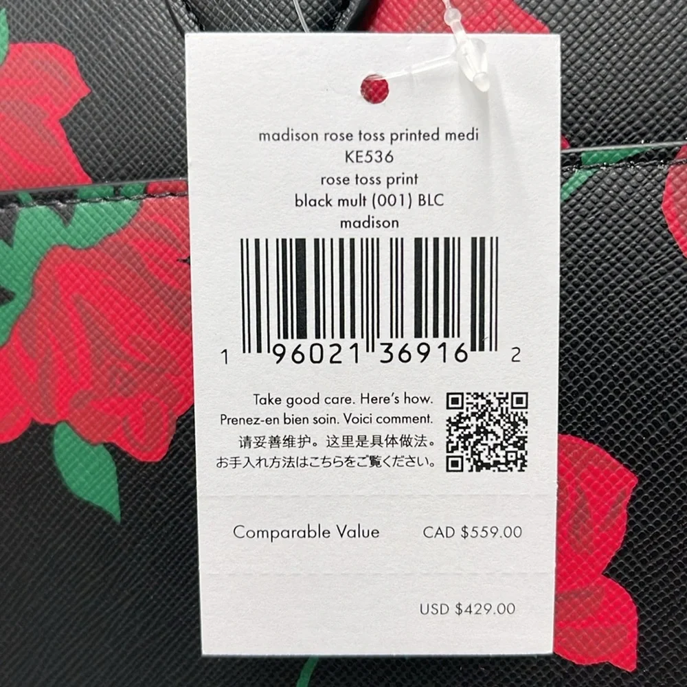Kate Spade Madison Rose Toss Printed Medium Satchel COLOR: Black Multi NWT